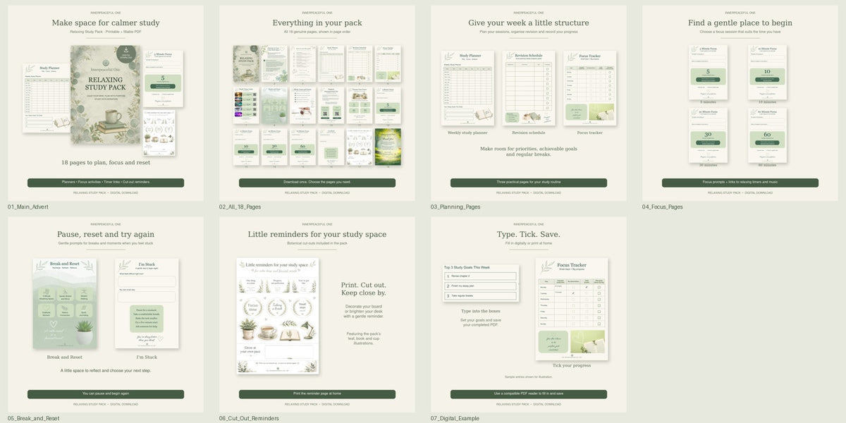 Printable Study Planner & Fillable PDF - Relaxing Study Pack Innerpeaceful One