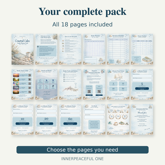 All 18 Coastal Calm study planner pack pages