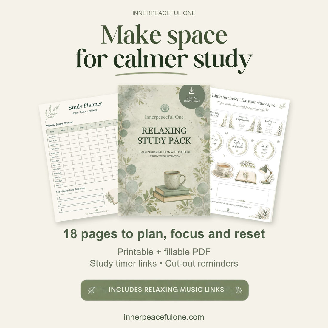 Innerpeaceful One Relaxing Study Pack showing the botanical cover, weekly study planner and cut-out reminders