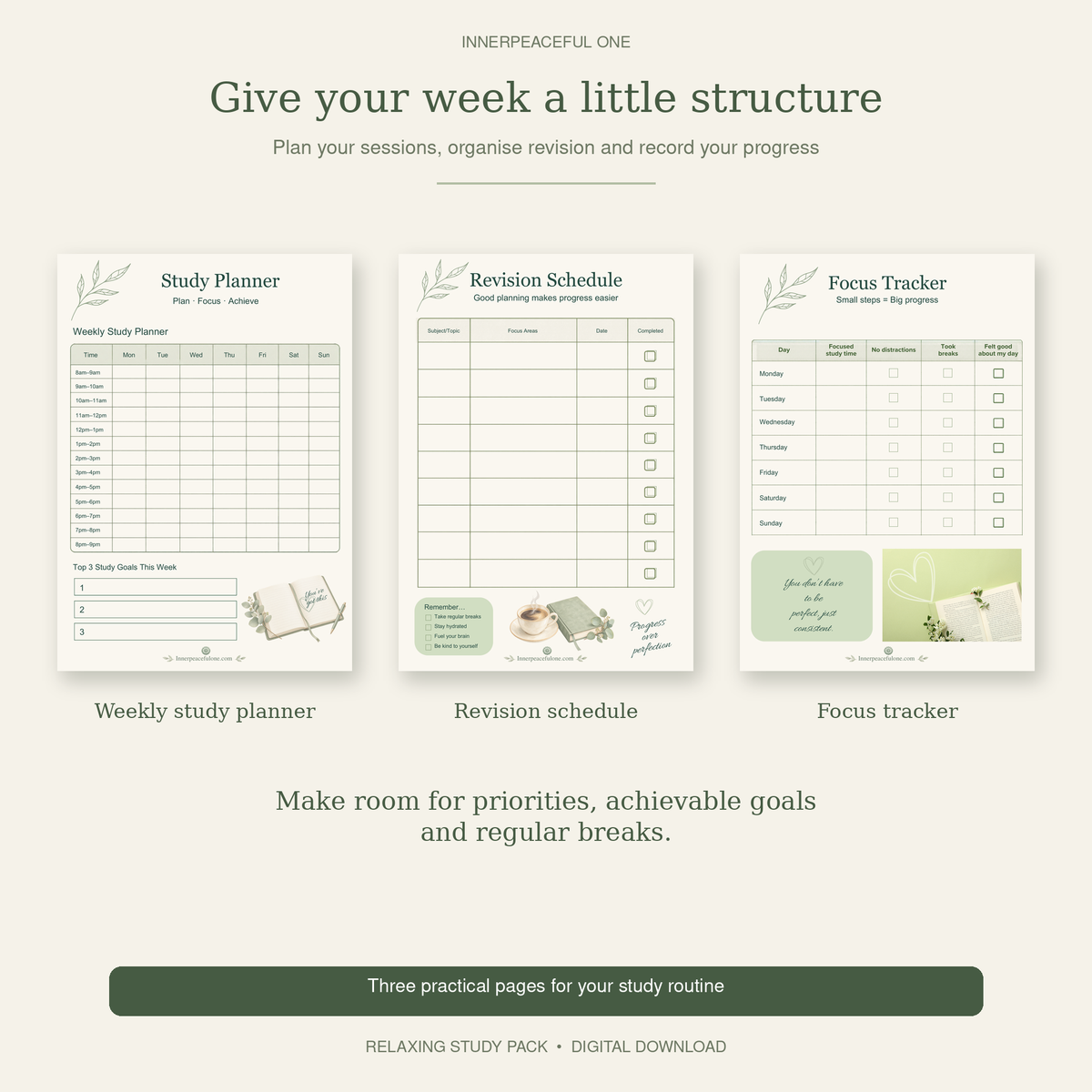 Printable Study Planner & Fillable PDF - Relaxing Study Pack Innerpeaceful One