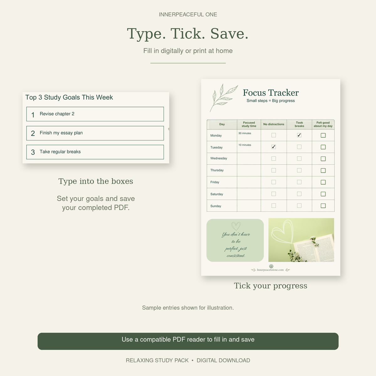 Printable Study Planner & Fillable PDF - Relaxing Study Pack Innerpeaceful One