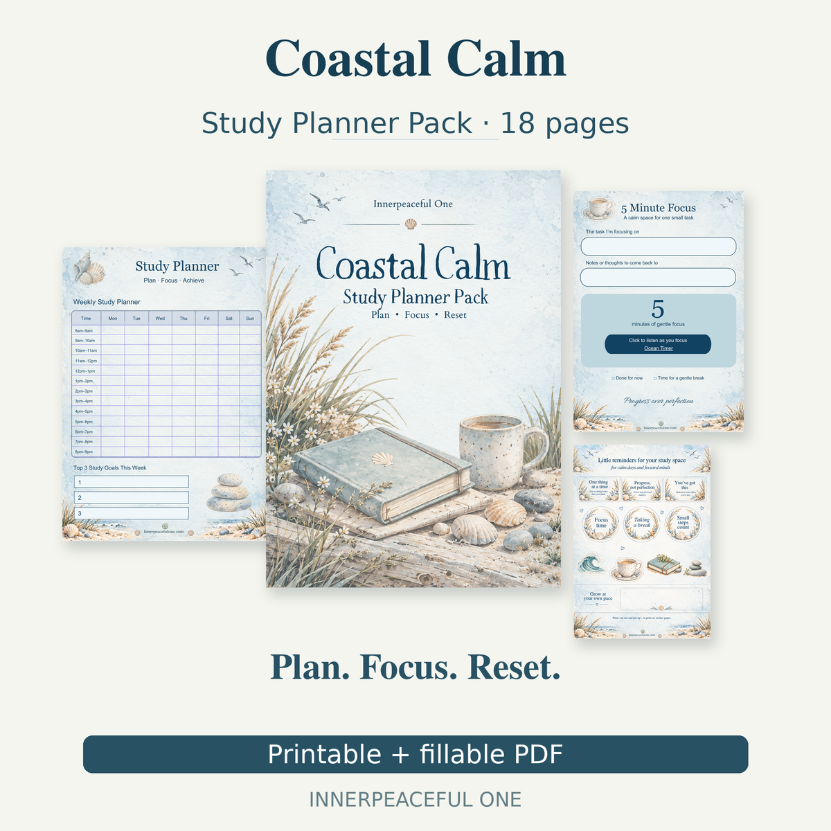 Coastal Calm printable study planner pack cover with weekly planner, focus page and coastal cut-out reminders