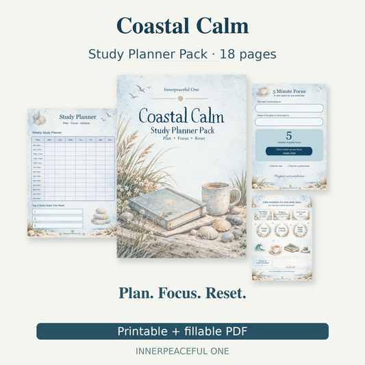 Coastal Calm printable study planner pack cover with weekly planner, focus page and coastal cut-out reminders