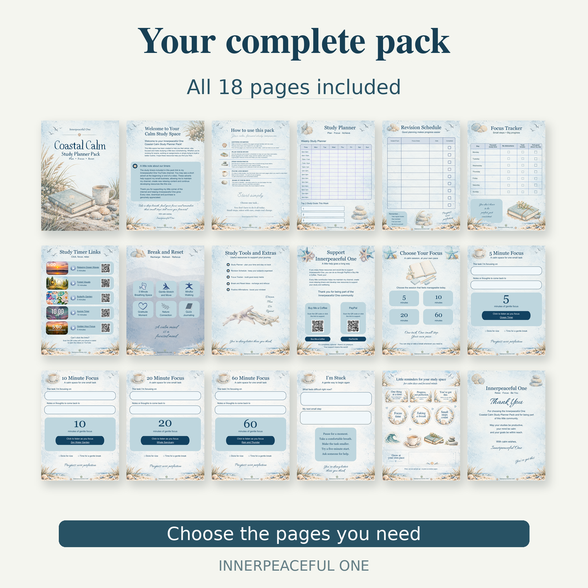 All 18 Coastal Calm study planner pack pages