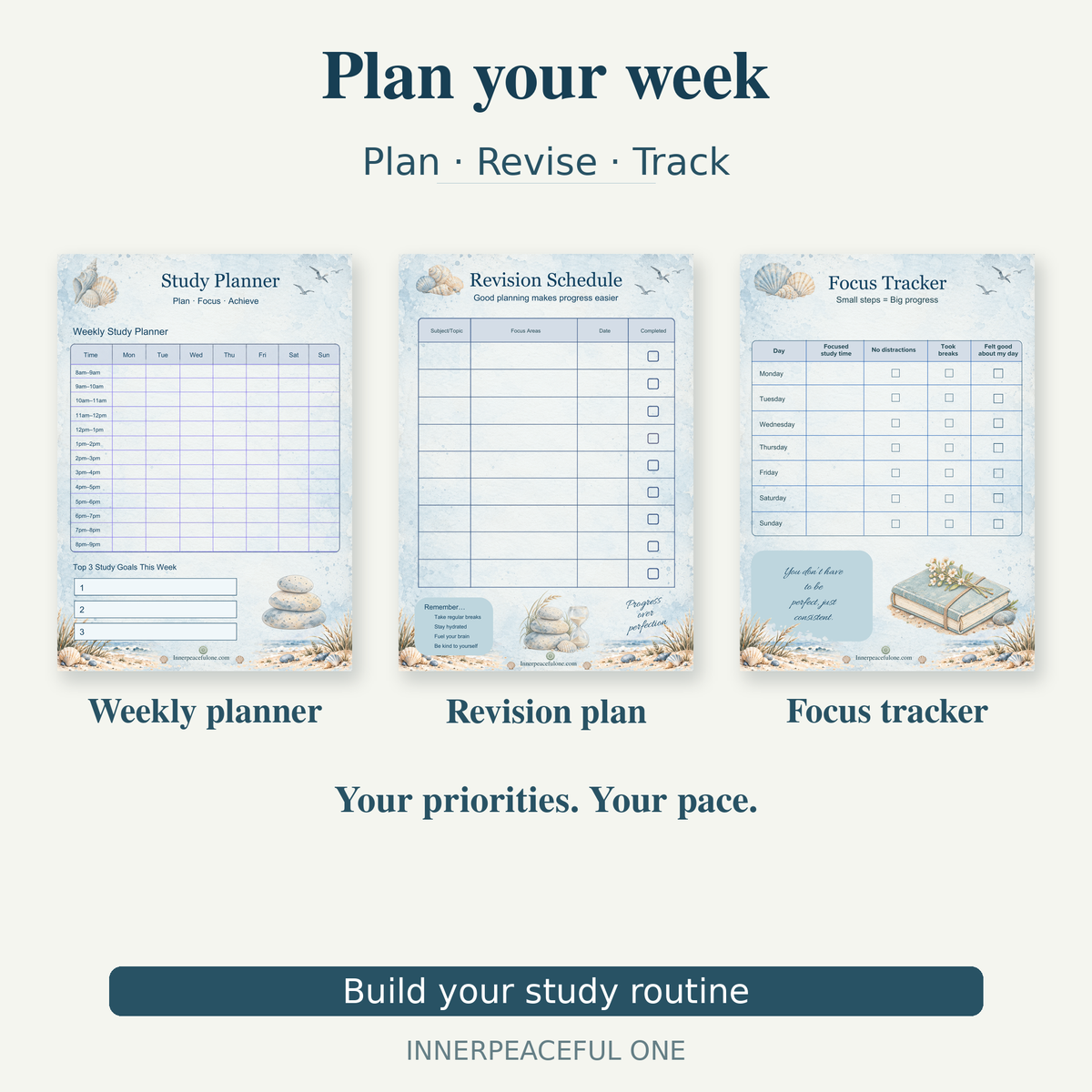 Weekly study planner, revision schedule and focus tracker