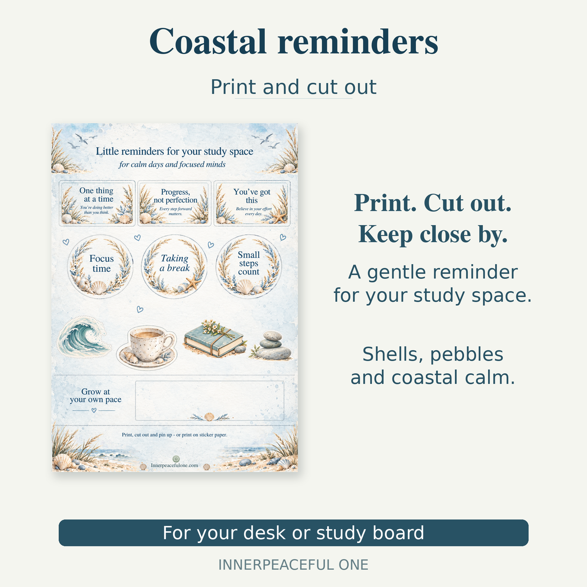Coastal cut-out reminders with shells and pebbles