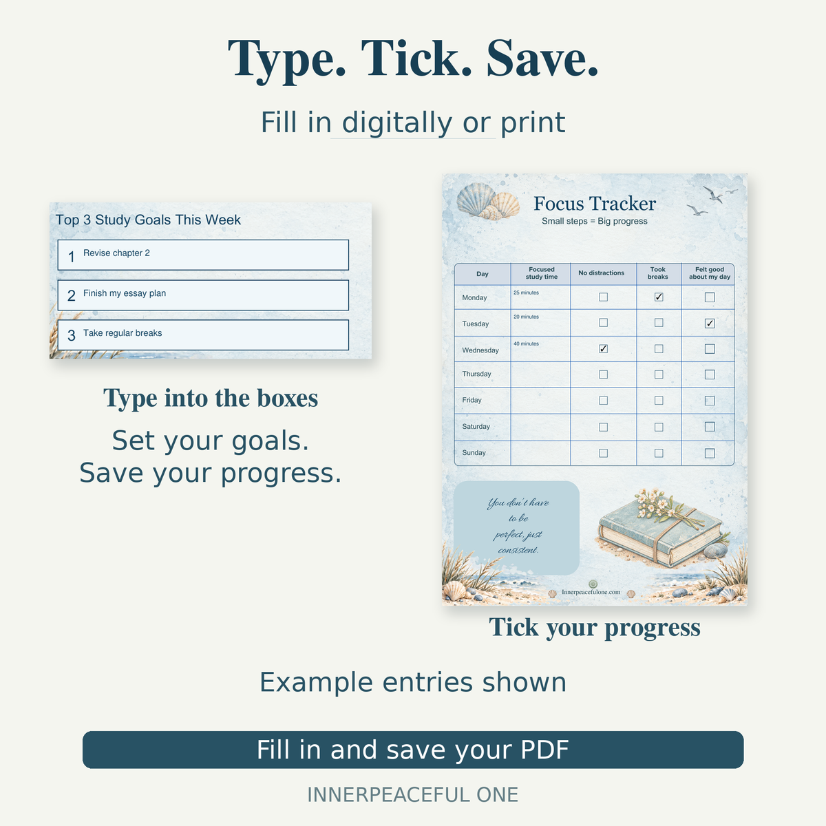 Fillable study planner with example goals and ticked progress boxes
